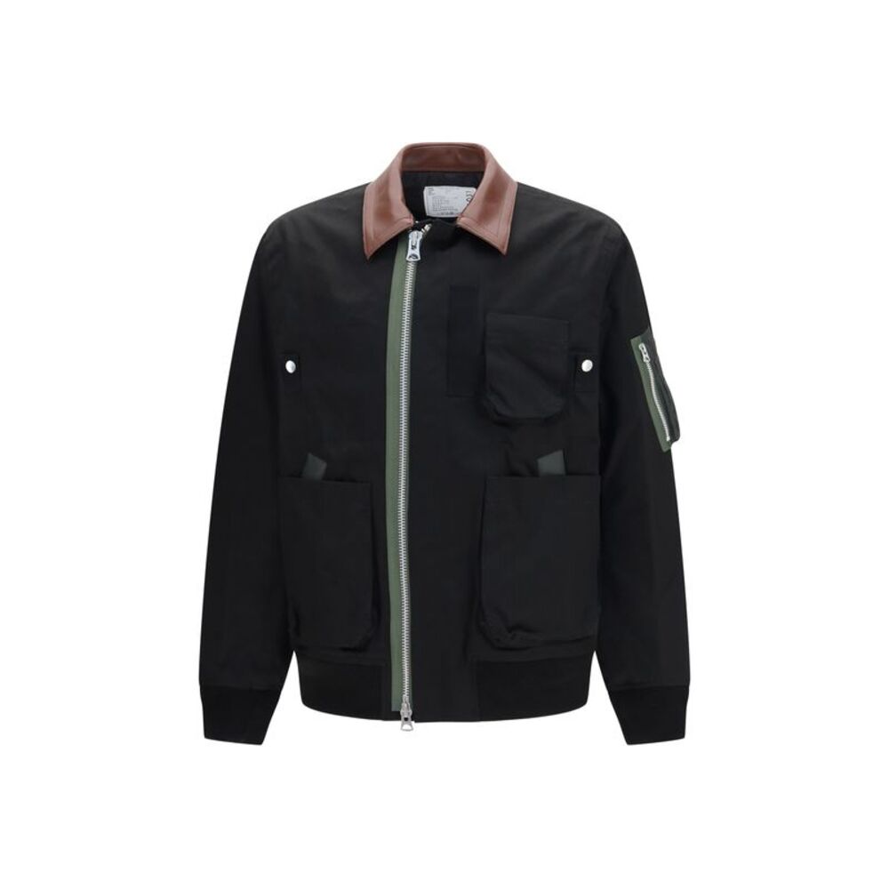 Sacai Men Cotton Bomber Jacket With Leather Details